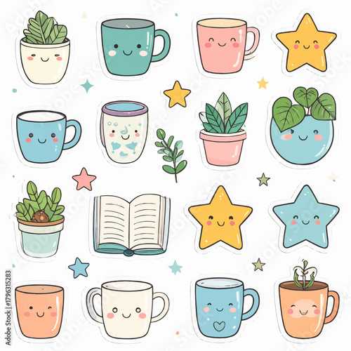 Kawaii Cartoon Icons Adorable Vector Illustrations of Cute Mugs, Plants, and Stars