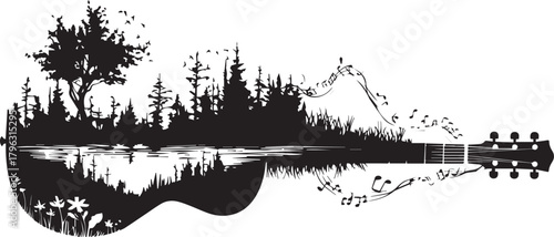 Acoustic Melody: A silhouette design of a guitar seamlessly merges with a picturesque natural landscape, depicting a harmonious blend of music and the tranquility of nature.