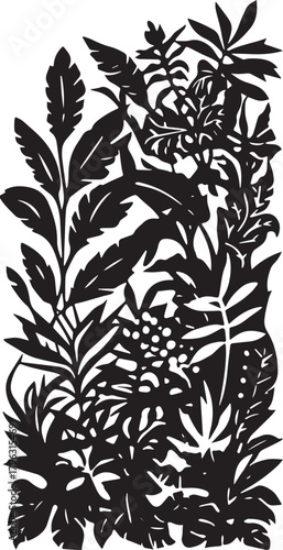 Botanical Garden Silhouette: Intricate black silhouette of diverse botanical foliage, showcasing the elegance of nature's design.