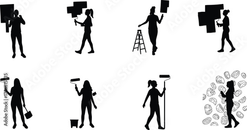 Activists with protest signs and paint rollers expressing social change, creativity, and community action through silhouette vector illustration on white background