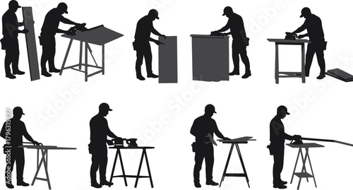 Carpenter Silhouettes Performing Woodworking Tasks with Tools, Workbench, Measuring, Cutting, Sanding, Cabinet Making, Construction, Repair, and Craftsmanship Skills