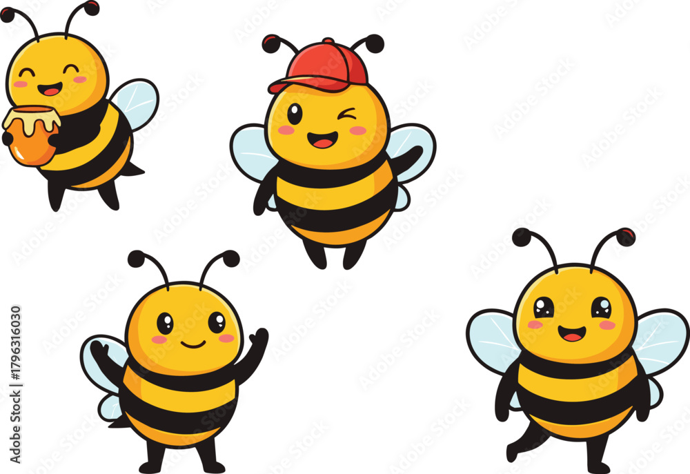 Obraz premium Cartoon bees with honey pot, waving, smiling, playful poses, cheerful expressions, cute insects for kids, whimsical vector illustration design