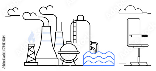 Industrial facilities with smokestacks, cooling towers, and machinery juxtaposed against a modern office chair. Ideal for themes in industry, pollution, technology, environment, balance, work-life