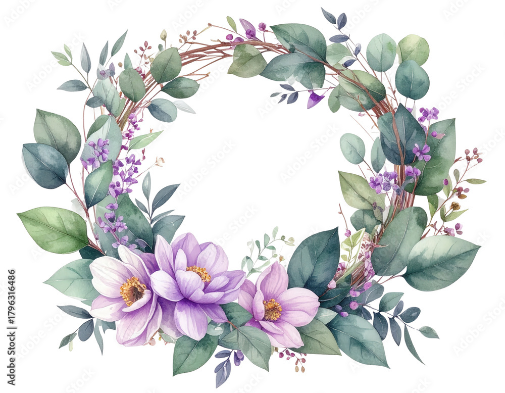 Fototapeta premium Watercolor Floral Wreath with Purple Flowers and Green Leaves 4.