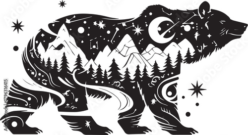 Celestial Bear Silhouette: A majestic bear silhouette embodies nature's serene beauty, intricately filled with celestial elements, mountain ranges, and forests.
