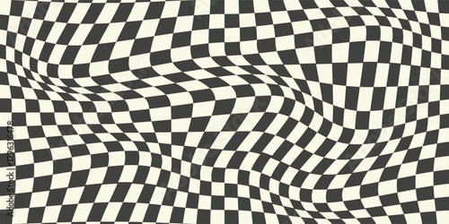 Trippy checkerboard background. Retro psychedelic checkered wallpaper. Wavy groovy chessboard surface. Distorted geometric pattern. Abstract monochrome Eps10