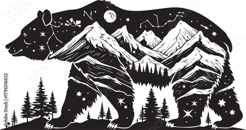 Nature's Embrace: A creative illustration depicts a bear silhouette infused with the cosmos and landscape, symbolizing a connection to the wilderness. 