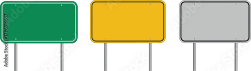 Blank road signs, green yellow gray, traffic signage template, empty street signs, directional board design, isolated metal poles, white background illustration