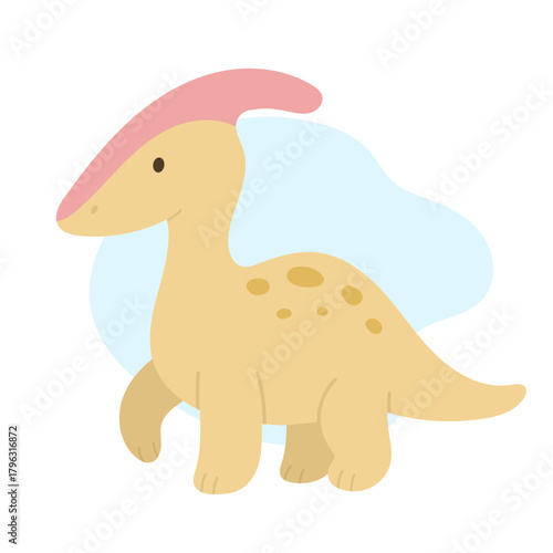 Cute parasaurolophus with soft yellow body and pink crest, parasaurolophus illustration radiating playful prehistoric charm, perfect for kids books, prints, toys, stickers and educational materials.