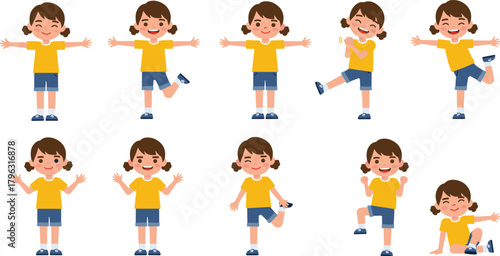 Cartoon girl character in playful poses, emotional expressions, kids activity, fun movement, child actions, vector set for education design