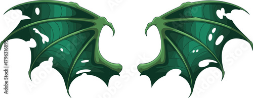 Green dragon wings, fantasy creature design, mythical wing illustration, battle-damaged texture, stylized reptile anatomy, symmetrical wing art, isolated white background
