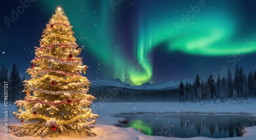 A serene winter wonderland with a decorated Christmas tree under the aurora borealis magical and