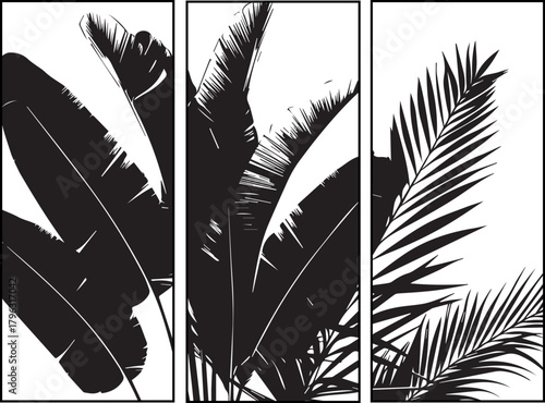 Monochrome Tropical Botanical Art: A striking triptych captures the essence of tropical foliage, with dramatic contrasts and textures.