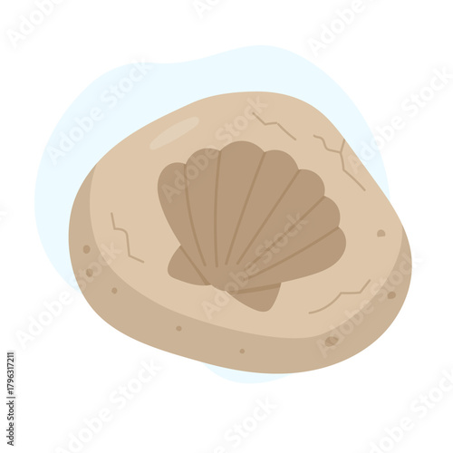 Stone with shell fossil imprint showing ancient texture, fossil illustration symbolizing prehistoric life and discovery, perfect for educational materials, museum visuals, or natural history designs.
