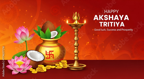 Greeting background with kalash and gold coins for Indian festival Akshya Tritiya. Vector illustration.