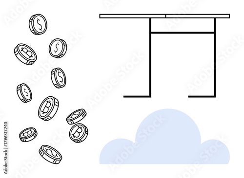 Coins with digital currency symbols falling, cloud storage depicted below, modern flat desk design above. Ideal for finance, investment, technology, online money, cloud storage, innovation simple