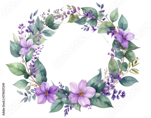 Watercolor Floral Wreath with Purple Flowers and Green Leaves 7.