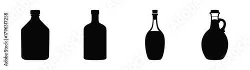 Collection of four different black silhouette bottles for olive oil or other liquids