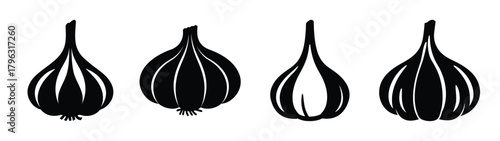 Four simple black silhouettes of garlic bulbs showing their distinctive shape and texture