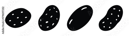 Four stylized black potatoes with white speckles in various orientations