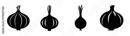 Four different silhouettes of onions in various sizes and shapes with greens attached