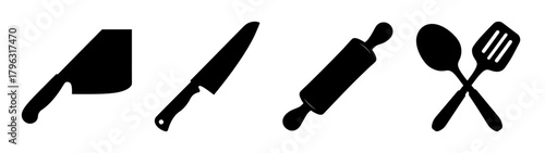 Set of kitchen utensils including knives rolling pin spatula and spoon icons