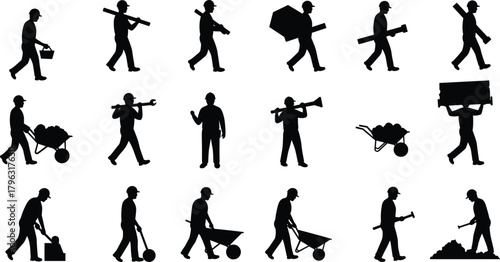 Construction Worker Silhouettes Collection – Industrial Labor Poses, Manual Tools, Teamwork, Safety, Shovel, Wheelbarrow, Site Crew, Black Vector Icons