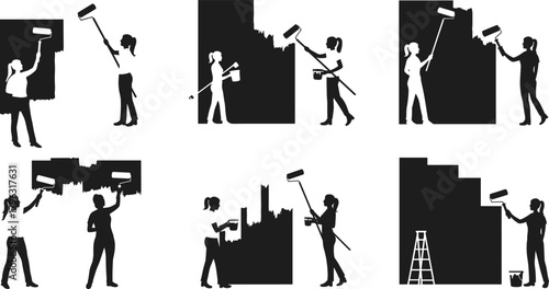 Construction teamwork vector illustration showing diverse workers collaborating with tools, safety helmets, industrial labor concept, professional building site teamwork design.