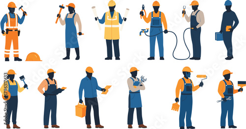 Construction and Trade Workers Vector Set with Tools, Safety Gear, Professions Like Plumbing, Painting, Carpentry, Electrician, Laborer, Maintenance Roles