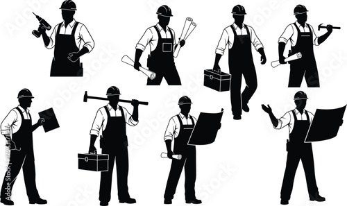 Construction worker silhouettes with tools and safety gear in various poses for engineering, labor, teamwork, industrial, and building design themes