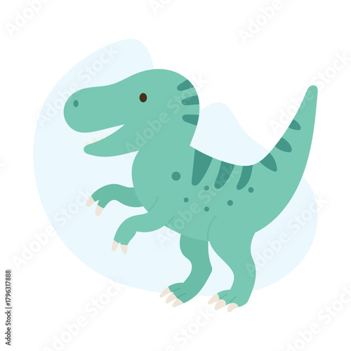Cute velociraptor standing on two legs with cheerful smile, velociraptor illustration capturing playful prehistoric spirit, perfect for childrens books, posters, stickers and educational materials.