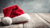 Festive Santa Hat on Rustic Wood Surface, Holiday Season Still Life Composition with Copy Space