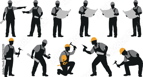 Construction workers in safety gear collaborating on site tasks, planning with blueprints, using tools, teamwork, labor, industrial job scenes