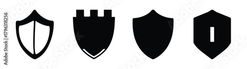 Set of four shield icons representing digital security and firewall protection for networks
