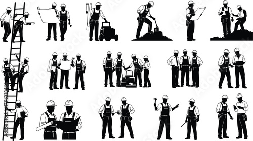 Construction workers in safety gear performing teamwork, planning, and engineering tasks on site – occupational safety, labor, and industrial activity vector set