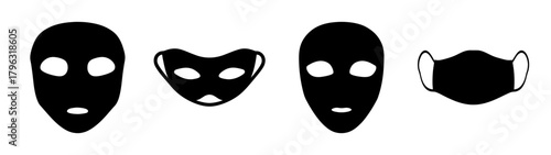 Four black face masks depicting different styles for privacy and protection