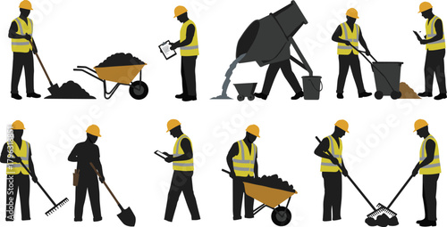 Construction workers performing various tasks with safety gear, teamwork, cement mixing, shoveling, inspection, and site labor in vector illustration.