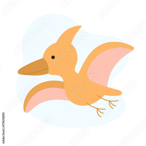 Cute pterodactyl flying with wide orange wings and gentle smile, pterodactyl illustration spreading cheerful prehistoric vibe, perfect for nursery prints, toys, educational decor and playful designs.