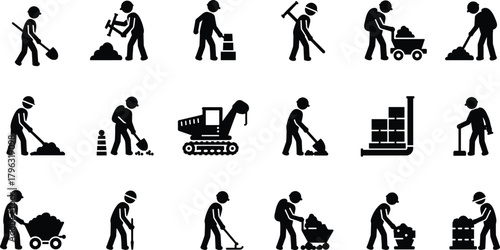 Construction Workers Silhouette Icons Set Depicting Manual Labor, Industrial Tasks, Safety Equipment, Machinery Operation, Teamwork, Warehouse, Cleaning, and Rescue Activities