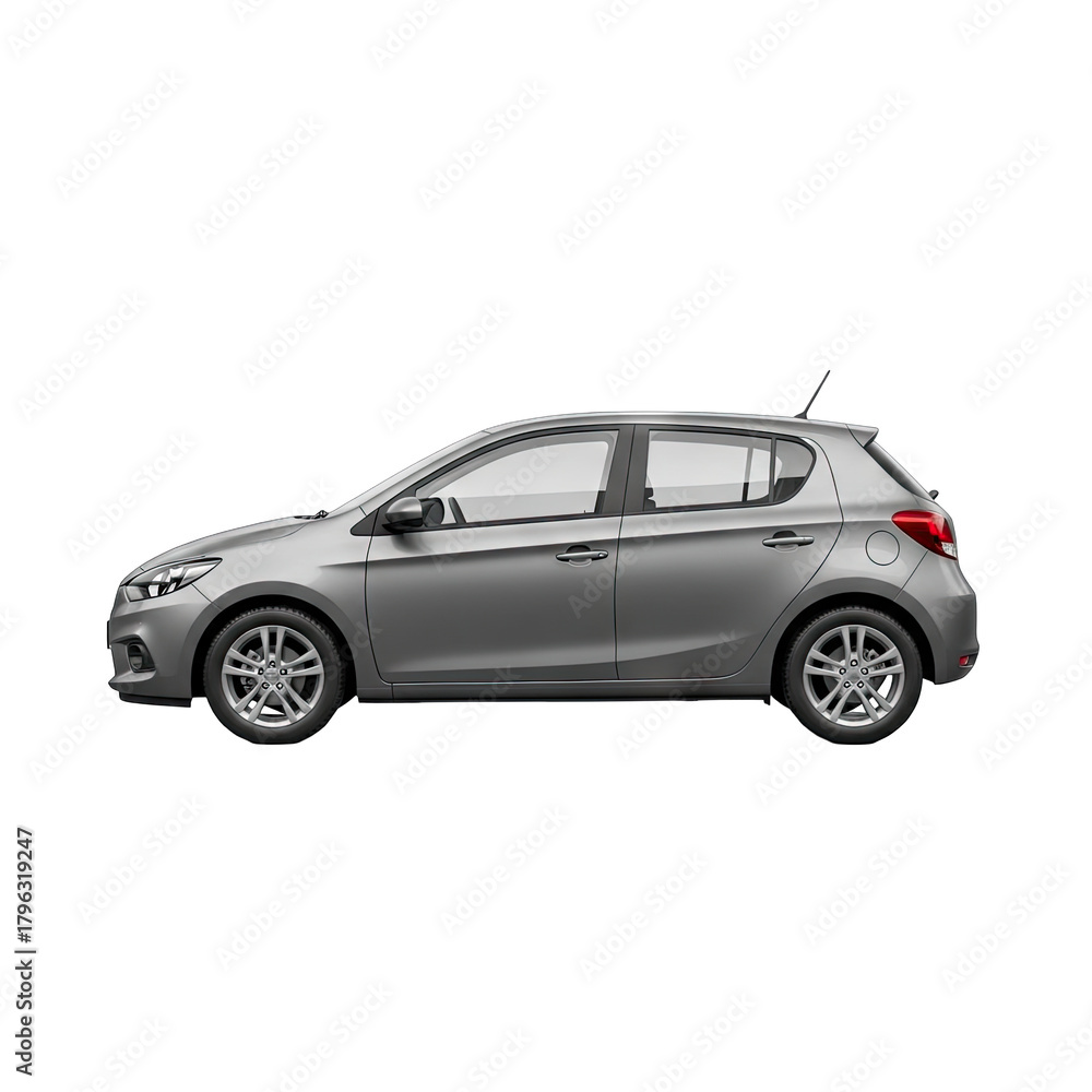 Obraz premium Silver Hatchback Car With Tinted Windows Parked Outdoors With Black Transparent Background Ready For Editing