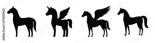 Collection of four mythical and majestic horses with wings and horns in silhouette