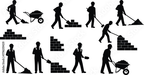 Construction workers silhouettes performing labor tasks with tools, bricks, wheelbarrows, teamwork, safety gear, industrial site activity, black vector illustration