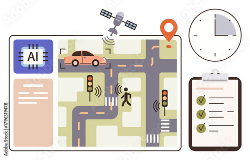 Intelligent AI panel monitoring road intersections, vehicles, pedestrians, traffic lights, GPS satellite, checklist, timing concept. Ideal for transportation, safety AI urban planning navigation