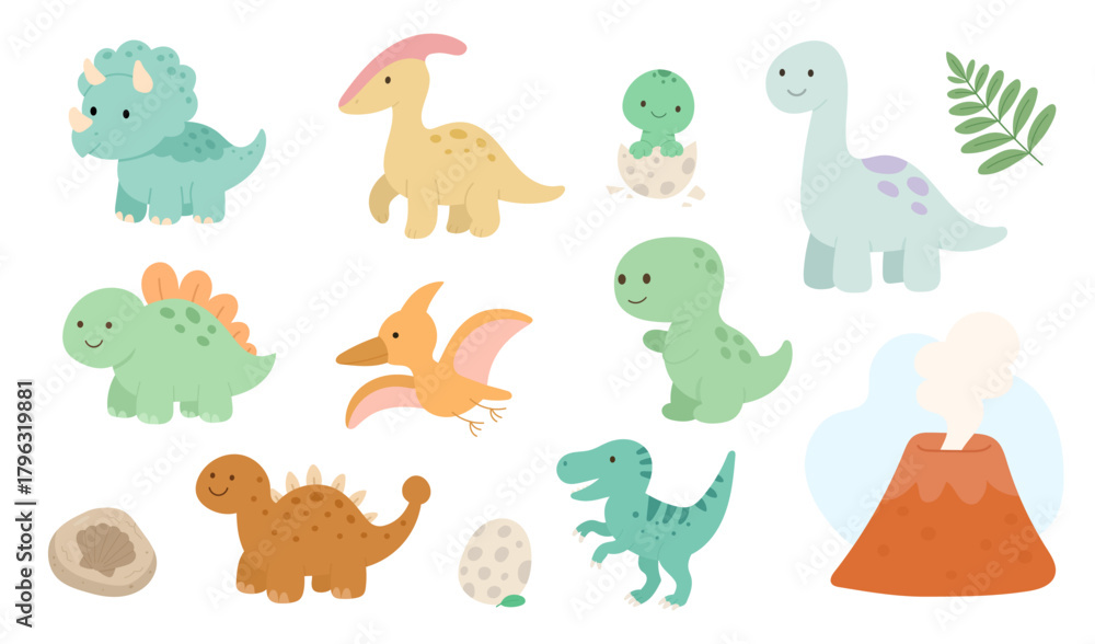 Obraz premium Cute dinosaur set featuring triceratops, stegosaurus, brachiosaurus, and volcano with eggs and leaves, dinosaur set illustration perfect for nursery decor, stickers, posters, prints 