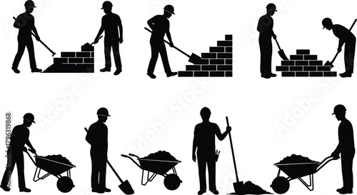 Construction workers silhouettes performing manual labor tasks with tools, wheelbarrows, bricks, and shovels for industrial site vector illustration design
