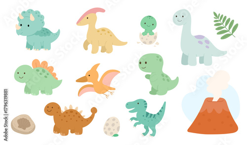 Cute dinosaur set featuring triceratops, stegosaurus, brachiosaurus, and volcano with eggs and leaves, dinosaur set illustration perfect for nursery decor, stickers, posters, prints 