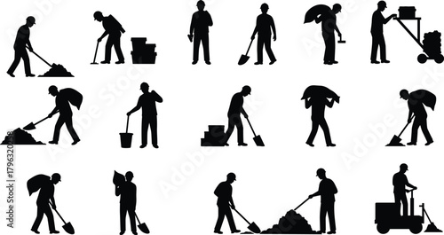 Construction workers silhouettes performing various tasks with tools, teamwork, manual labor, industrial effort, safety gear, and site activity vector illustration