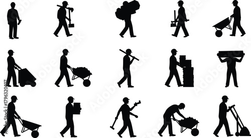 Construction workers silhouettes performing various tasks with tools, teamwork, safety gear, industrial labor, vector icons for building site illustrations