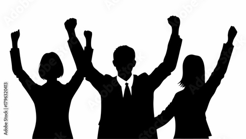 Silhouette of three people with raised arms in celebration against a white background in a vector image | editable eps vectors
