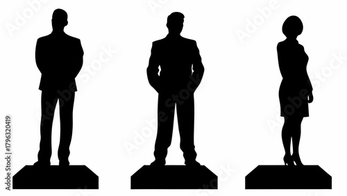 Silhouettes of three figures standing on platforms two men and one woman in formal attire on white background | editable eps vectors